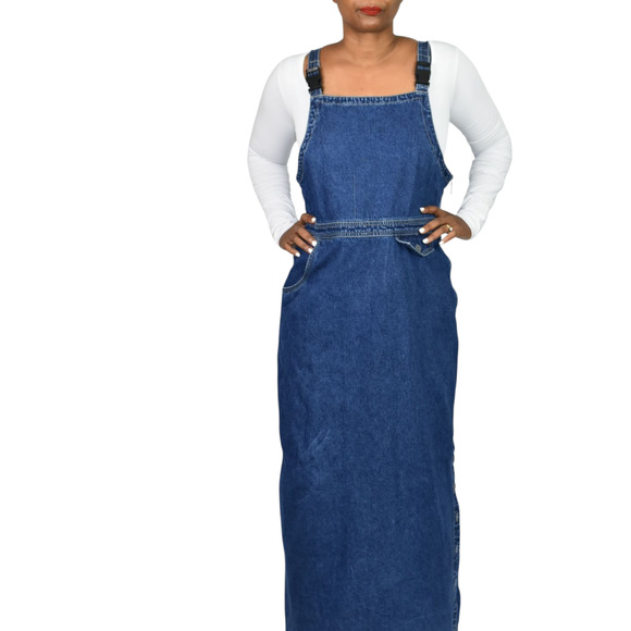 Vintage JLNY Bib Overalls Dress Denim Straps Buckle Straight Maxi Cotton Medium - Picture 1 of 16